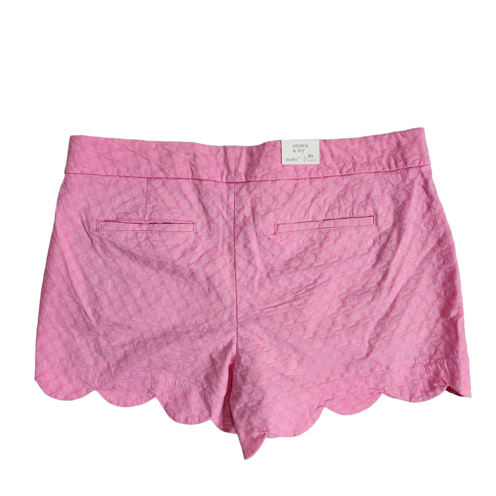 Crown & Ivy Womens Shorts Size 16 Solid Pink Barbie Shelby Scallop 4" Inseam NWT - Picture 2 of 11